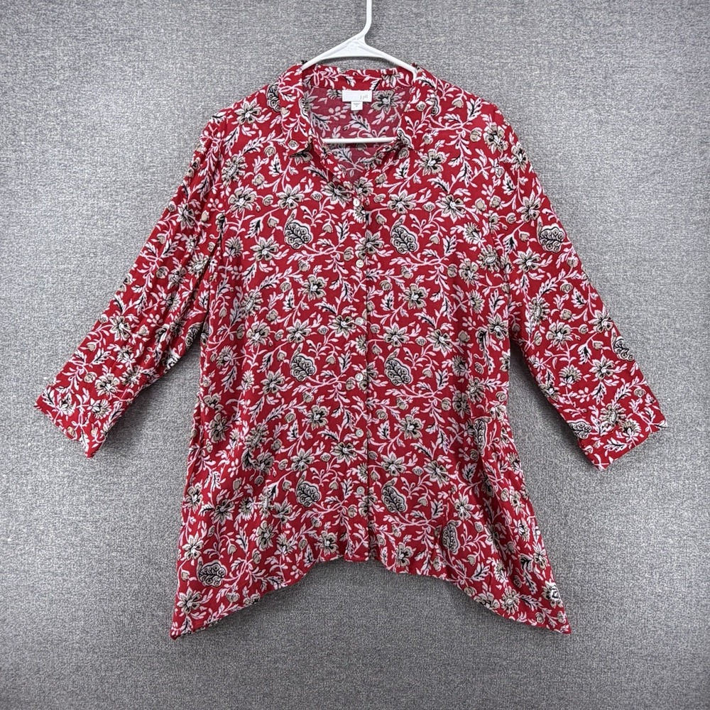 J Jill Tunic Top Women Size Medium Red Floral Long Sleeve Button Up Boho
